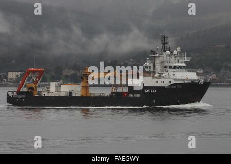 Ankunft in den Clyde während ein trüber Tag, ist das Mehrzweck-Hilfsspannung Schiff, SD nördlichen Fluss. Stockfoto