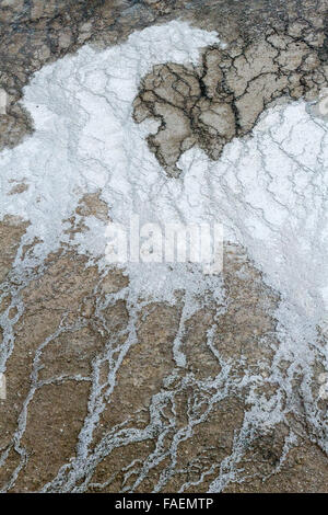 Verschiedenen Mineralien und Ablagerungen lassen abstrakte Muster in den Boden bei Midway Geyser Basin, Yellowstone-Nationalpark, Wyoming Stockfoto