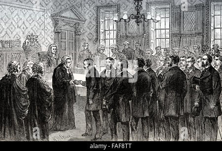 Jury bei der Verhandlung der Monstranz, Goldsmiths' Hall, London, 19. Jahrhundert Stockfoto