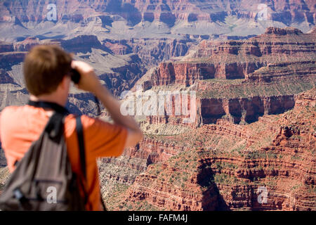 Mann, Blick auf den Grand Canyon mit dem Fernglas Stockfoto