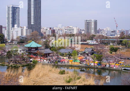 Bentendo mit Shinobazu-Teich im Ueno Park, Tokyo während der Kirschblüte mit einem kleinen fest auf dem Gelände Stockfoto