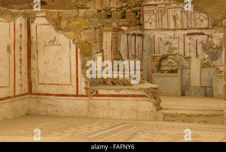 Türkei reisen - die Stadt Ephesus, alten Efes. Ausgegrabene Ausstellung einer Gruppe von römischen Villen. Wandmalerei, Kunst unter freiem Himmel. Stockfoto