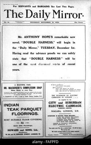 Titelseite Zeitung Anzeige anzeigen in der Daily Mirror veröffentlicht 2. November 1903 Stockfoto