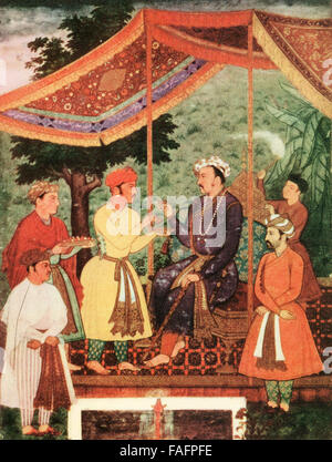 Nur-Ud-Din Mohammad Salim, bekannt durch seine kaiserlichen Namen Jahangir, 1569 –1627.  Vierte Moghul-Kaiser. Die hier abgebildeten, Weintrinken unter einem Baldachin.  Nach der Painitng von Manohar. Stockfoto