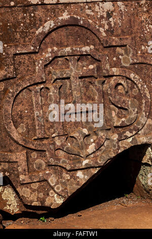 Jesuiten Emblem, Ruinen der Jesuitenmission San Ignacio Mini, Provinz Misiones, Argentinien Stockfoto