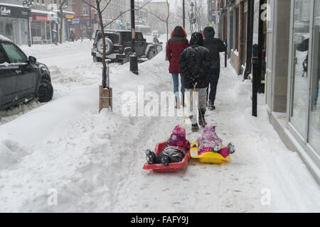 Montreal, Kanada. 29. Dezember 2015. Vater und Kinder genießen eine Fahrt mit dem Pferdeschlitten in Montreal, während der erste Schnee-Sturm der Saison. Bildnachweis: Marc Bruxelle/Alamy Live-Nachrichten Stockfoto