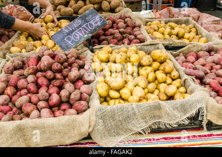 Anzeige von roten und weißen Kartoffeln in Sackleinen Lagerplätze auf einem Bauernmarkt in Beaverton, Oregon, USA Stockfoto