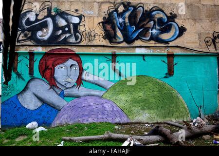 Street-Art in Baku, Aserbaidschan. Eine öffentliche Wand in einer etwas heruntergekommenen Gegend von Aserbaidschans Hauptstadt mit kontrastierenden graffiti Stockfoto