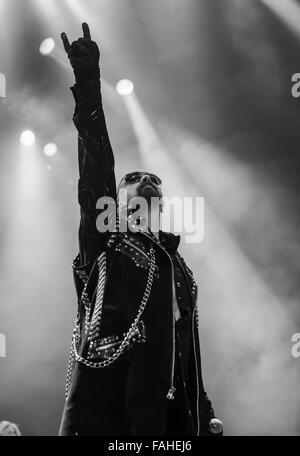 Austin, USA. 10. Mai 2015. Frontmann Rob Halford von Judas Priest. Stockfoto