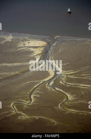 Luftaufnahme, Elbe, Gezeiten Bäche bei Ebbe auf Halbleder Sand eine Insel in der Elbe bei Wedel und Jork, Wedel, Niedersachsen, Stockfoto