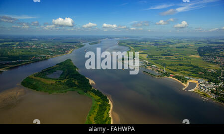 Luftaufnahme, Elbe, Gezeiten Bäche bei Ebbe auf Halbleder Sand eine Insel in der Elbe bei Wedel und Jork, Wedel, Niedersachsen, Stockfoto