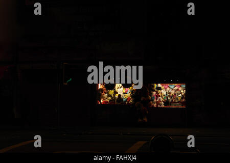 Nacht Sicht beleuchtet Preis Fabrik stand, mit Plüschtieren Preisen zentralen Promenade, gegenüber Central Pier, Blackpool, 2013 Stockfoto