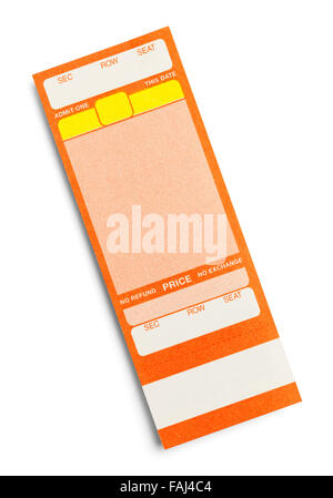 Orange Veranstaltungsticket mit textfreiraum isoliert auf einem weißen Hintergrund. Stockfoto
