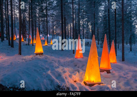 Wald in der Nähe der Santa-Park: Winterszene mit Taschenlampen Stockfoto