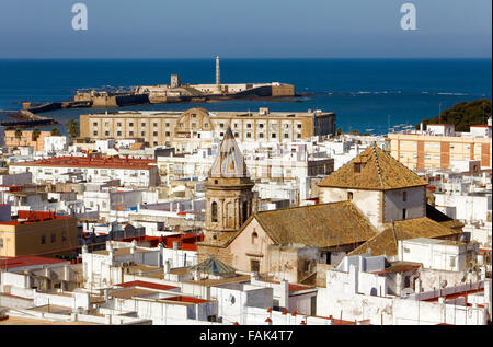 Skyline.Panoramic von Cadiz. Die Kirche von San Lorenzo. Im Hintergrund San Sebastian Burg. Cádiz, Andalusien, Spanien Stockfoto