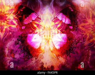 Schmetterling und orientalische ornamentale Mandala und Farbe abstrakten Hintergrund mit Flecken. Computer-collage Stockfoto