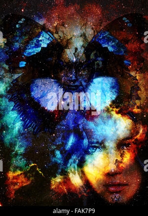 Schöne Malerei Göttin Frau und Schmetterling. Farbe-Raum-Hintergrund und Sterne Stockfoto