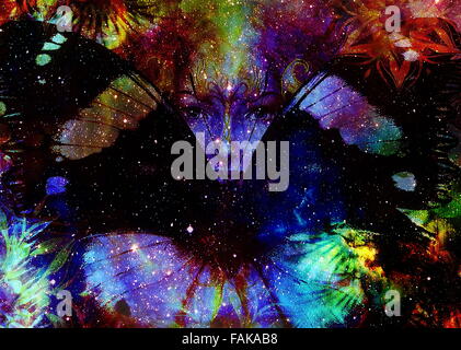 Schöne Malerei Göttin Frau mit ornamentalen Mandala und Schmetterling. Farbe-Raum-Hintergrund und Sterne Stockfoto