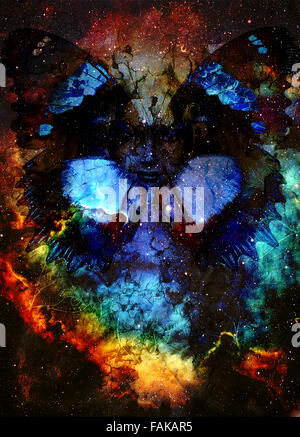 Schöne Malerei Göttin Frau mit ornamentalen Mandala und Schmetterling. Farbe-Raum-Hintergrund und Sterne Stockfoto