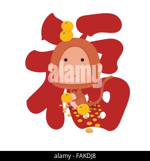 Vector Illustrator der Affe im chinesischen Tierkreis mit Orangen, Münzen und chinesische Schriftzeichen Stock Vektor