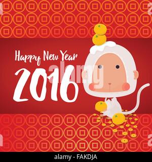 Vektor Illustrator der weiße Affe im chinesischen Tierkreis mit Orangen und Münzen für 2016 Silvester feiern Grußkarte Stock Vektor