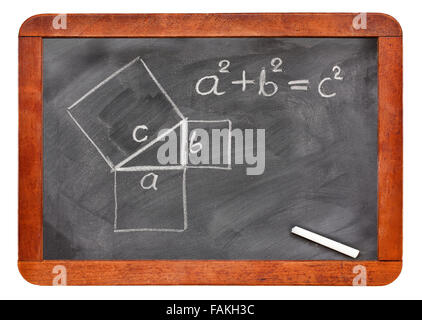 Satz des Pythagoras skizziert mit weißer Kreide auf einer Vintage Tafel isoliert auf weiss Stockfoto