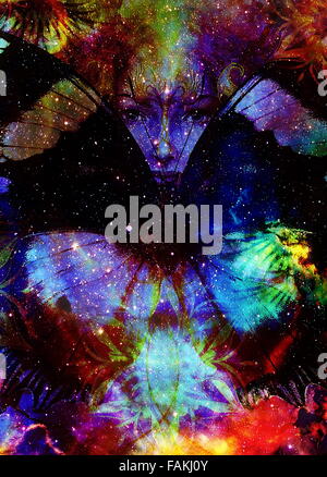 Schöne Malerei Göttin Frau mit ornamentalen Mandala und Schmetterling. Farbe-Raum-Hintergrund und Sterne Stockfoto