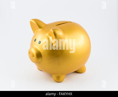 Piggy Bank in Goldfarbe auf isolierte Hintergrund Stockfoto