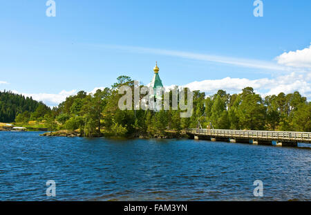 Zelle des Klosters Sankt Nikolaus der Verklärung Jesu Christi auf der Insel Valaam am Ladoga-See im Norden Russlands. Stockfoto