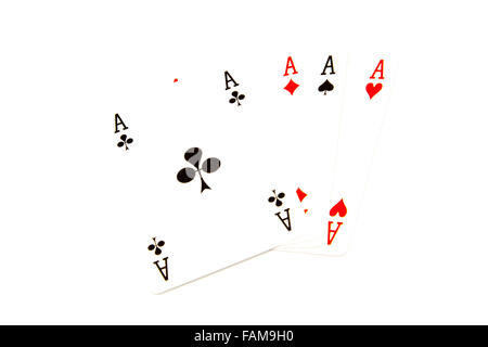 Vier Asse, die vier einer Art Poker Karten Spiel Spiele geben, die weißen Hintergrund isoliert textfreiraum Ausschnitt ausschneiden Stockfoto