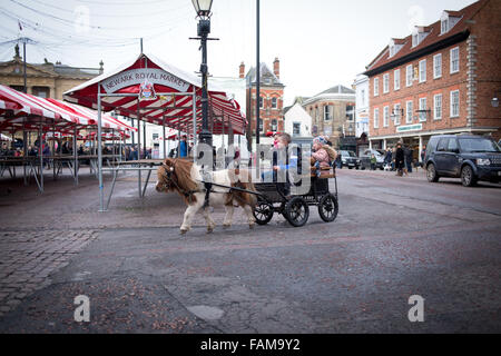 Newark-On-Trent, England. 1. Januar 2015. Großer Andrang am Neujahr Morgen für die jährliche South Notts herausstellte jagen treffen. Sie versammelten sich in Newarks Marktplatz vor Fahrtantritt Nottinghamshire Landschaft. Ein einsamer Demonstrant mit Plakat besuchte "Laurence Goff' inszenierte er einen friedlichen Protest. Bildnachweis: Ian Francis/Alamy Live-Nachrichten Stockfoto