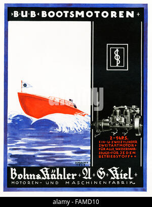 BUB Motorboote, 1926-Plakat von Schacht für Deutsch zwei Takt marine-Motoren made in Kiel von Bohn & Kähler Stockfoto