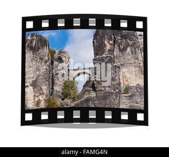 Blick auf die Felsformation Bastei (Bastei), Sächsische Schweiz, Elbsandsteingebirge, Sachsen, Deutschland, Europa Stockfoto