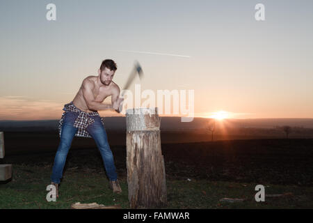 Die stilvolle Holzfäller Holzhacken bei Sonnenuntergang. (Bewegungsunschärfe Axt). Stockfoto