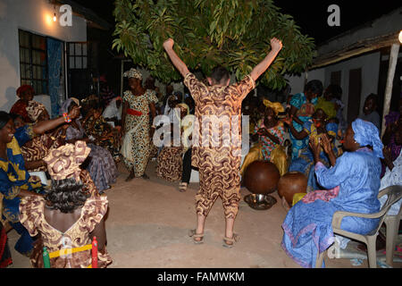Europäischen Mann traditionelle gambischen Tanz & traditionelle Muster Outfit tragen. Mitarbeiter und Händeklatschen. Stockfoto