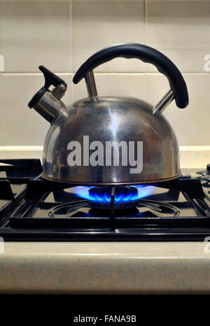 Kochendes Wasser in einem Kessel über eine Gas-Kochfeld Backofen Ring. Stockfoto