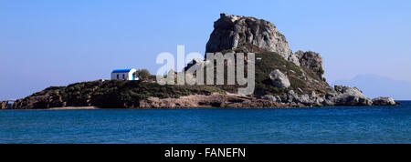 Kastri Insel mit Kapelle des Heiligen Nikolaus, Kefalos Bay, Kefalos Stadt, Insel Kos, Dodekanes Gruppe von Inseln, Süd Ägäis Stockfoto