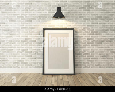Bilderrahmen auf der weißen Wand und Holz Ziegelboden unter spot-Licht für Bild, Hintergrund, Vorlage, Werbung Rendern Stockfoto