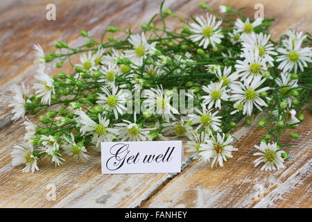 Gut Karte mit Kamillenblüten auf rustikalen Holzoberfläche zu erhalten Stockfoto