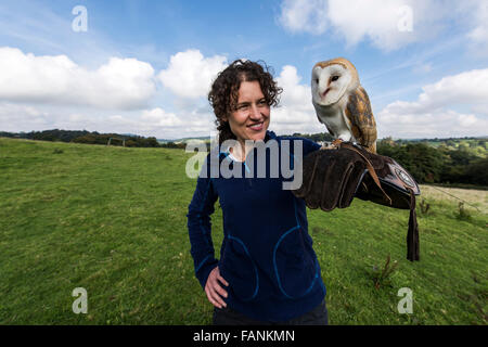 Frau, die Schleiereule (Tyto Alba) am Handschuh Dartmoor, England, Großbritannien, Vereinigtes Königreich, Europa Stockfoto