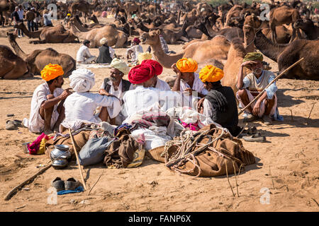 Kamel Händler ein Angebot während der jährlichen Pushkar Camel Fair, Rajasthan, Indien diskutieren Stockfoto