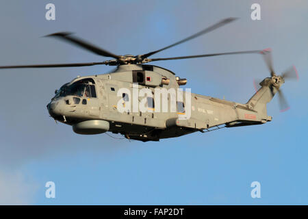 Militärhubschrauber fliegt in der Luft. AgustaWestland AW101 Merlin HM2 der British Royal Navy in der Luft mit Rädern nach oben Stockfoto