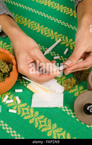 Weibliche Hände einen Joint umgeben die Hauptzutaten Stockfoto