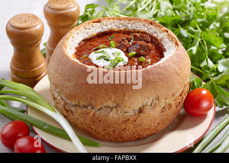 Tschechische Küche. Gulasch im Brot serviert Stockfoto