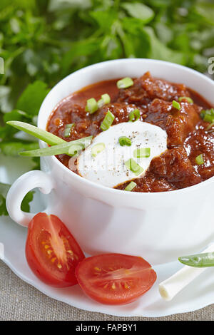 Ungarische Küche. Gulasch in eine weiße Terrine serviert Stockfoto