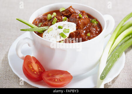 Ungarische Küche. Gulasch in eine weiße Terrine serviert Stockfoto