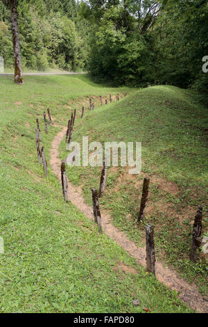 Die Überreste von einem Weltkrieg einer Graben nahe dem Fort Douaumont, auf dem Schlachtfeld der Schlacht um Verdun, Douaumont, Frankreich. Stockfoto