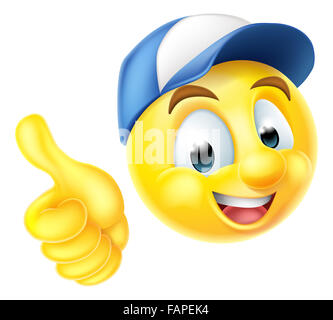 Comicfigur Emoji Emoticon Smiley Gesicht trägt eine Arbeitnehmer-Mütze und einen Daumen nach oben geben Stockfoto