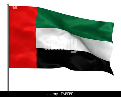 Wehende Flagge der Vereinigten Arabischen Emirate isoliert auf weißem Hintergrund Stockfoto