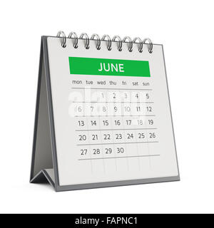 3D Juni Desktop-Kalender mit weichen Schatten isoliert auf weißem Hintergrund Stockfoto